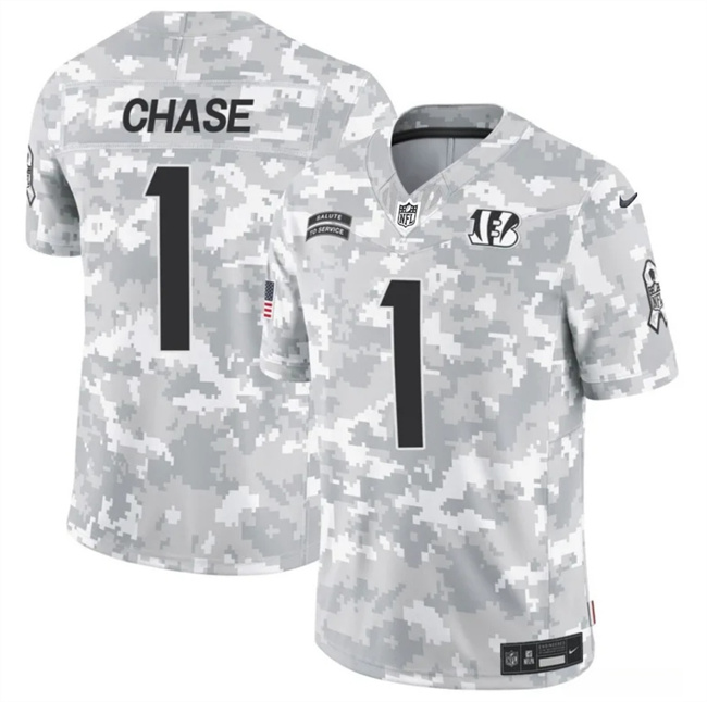 Men's Cincinnati Bengals #1 Ja'Marr Chase Arctic Camo 2024 F.U.S.E. Salute to Service Limited Football Stitched Jersey